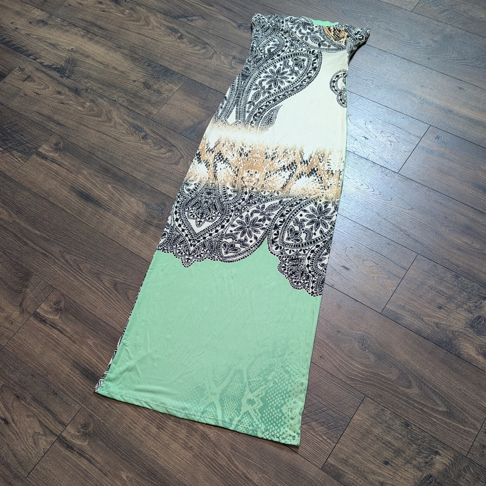 Hale Bob Paisley Strapless Boho Resort Summer Tube Top Maxi Dress Sage Small